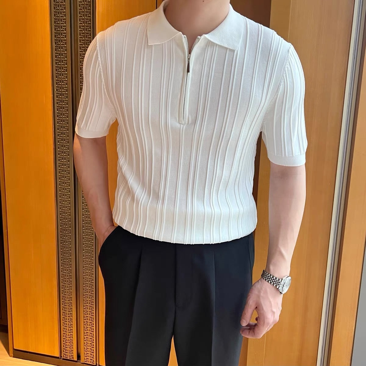 Casual Zipper Short Sleeve Jacquard Lapel