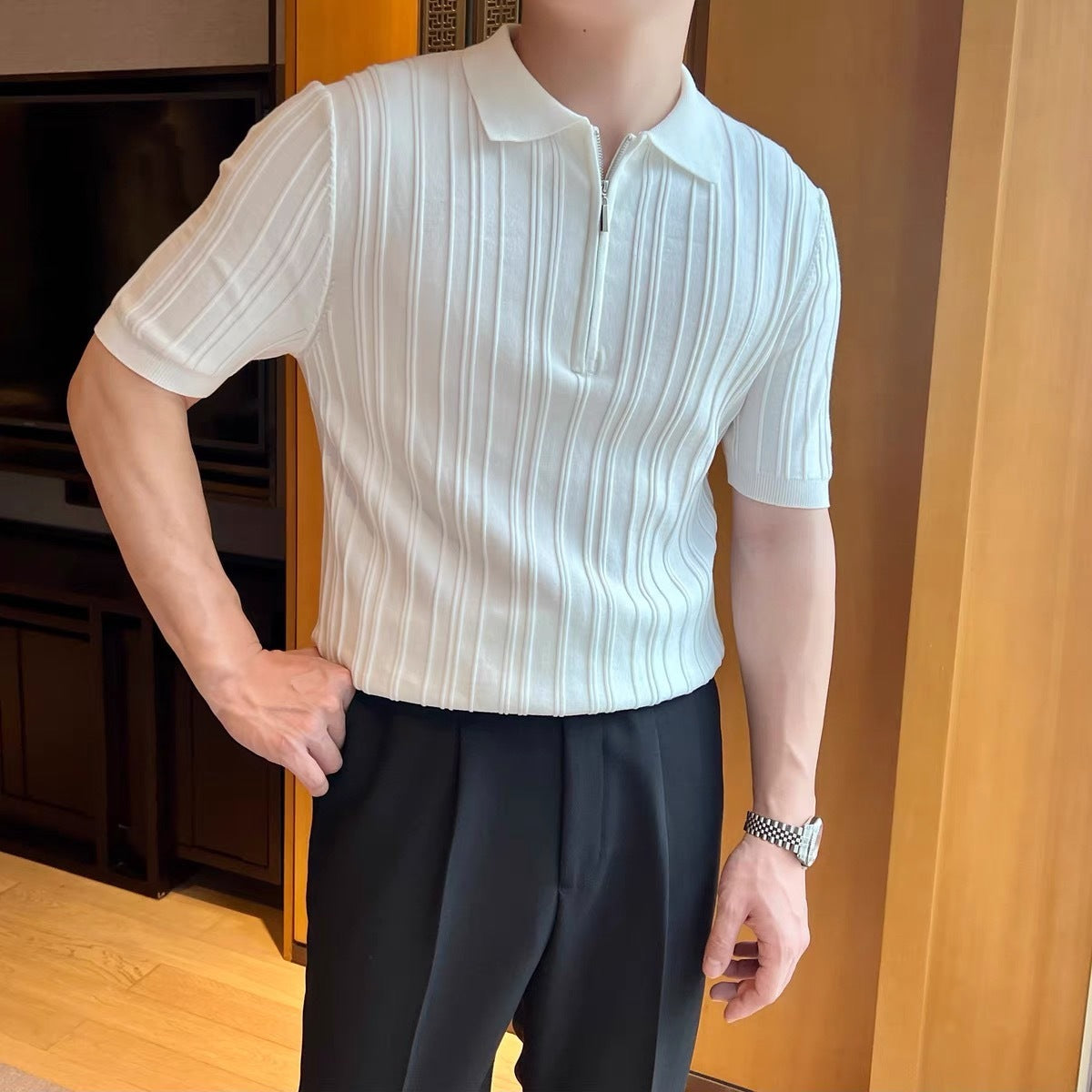 Casual Zipper Short Sleeve Jacquard Lapel