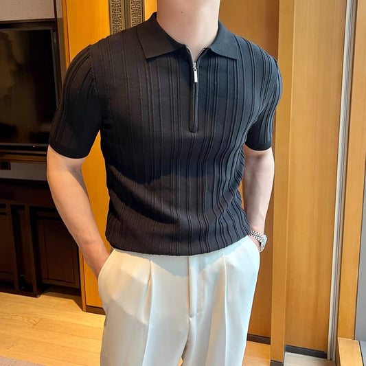 Casual Zipper Short Sleeve Jacquard Lapel