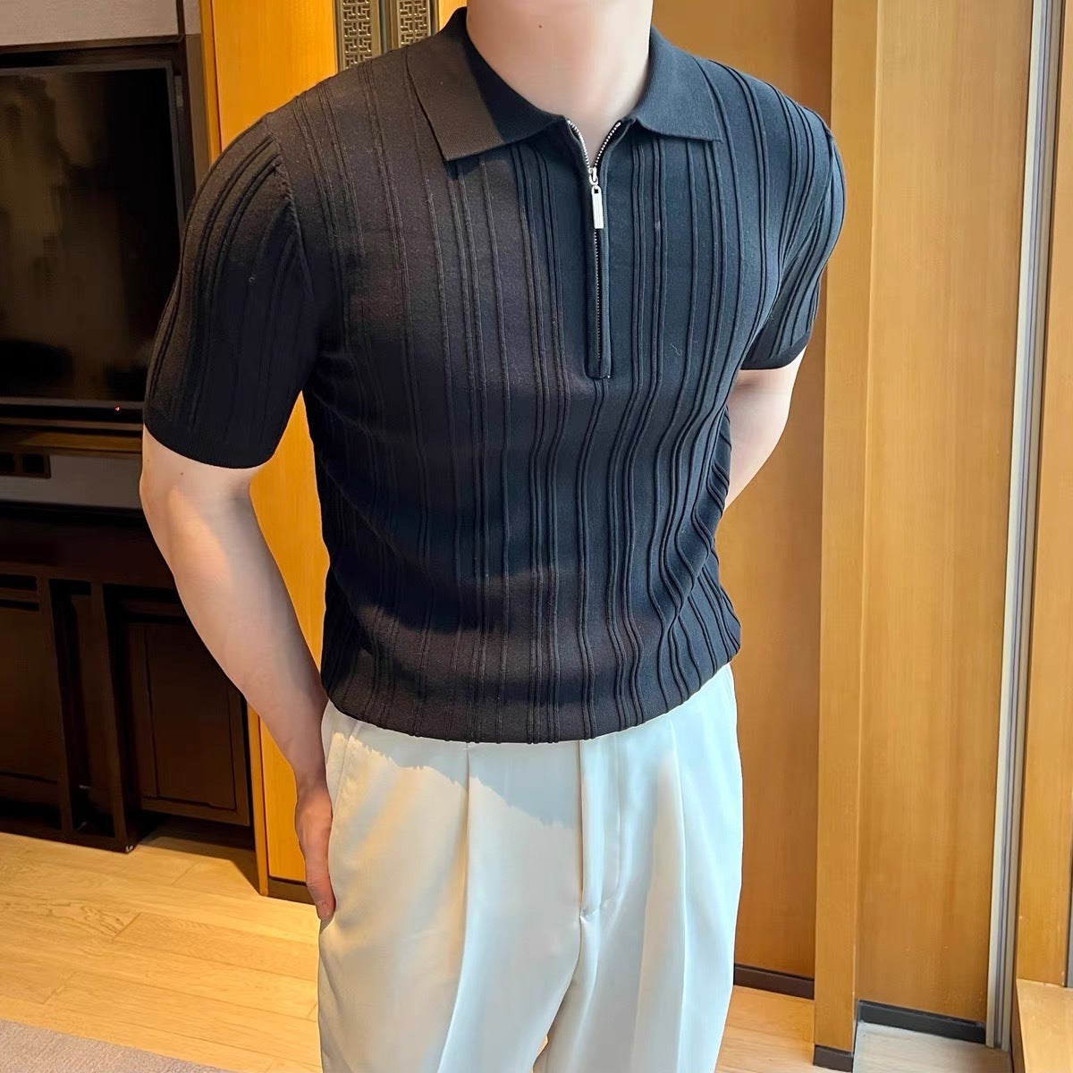 Casual Zipper Short Sleeve Jacquard Lapel